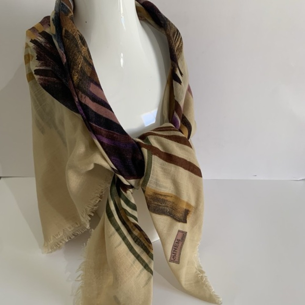 SINEM Abstract Print Scarf Shawl Cream Multicolor Lightweight Frayed Edge